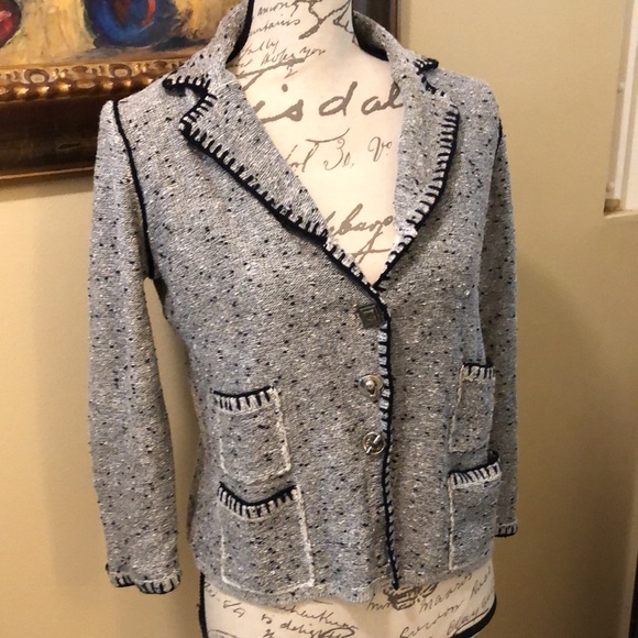 Barbara Katz Classic soft tweed quad pocket stitch trim boho button down sweater - Picture 2 of 13